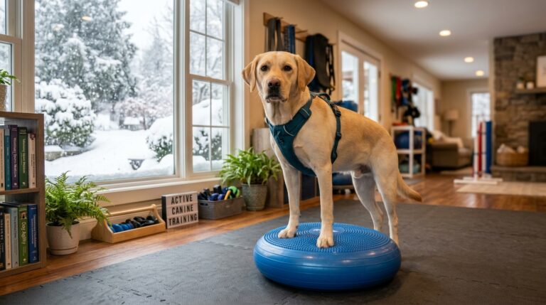 Dog on a training balance platform