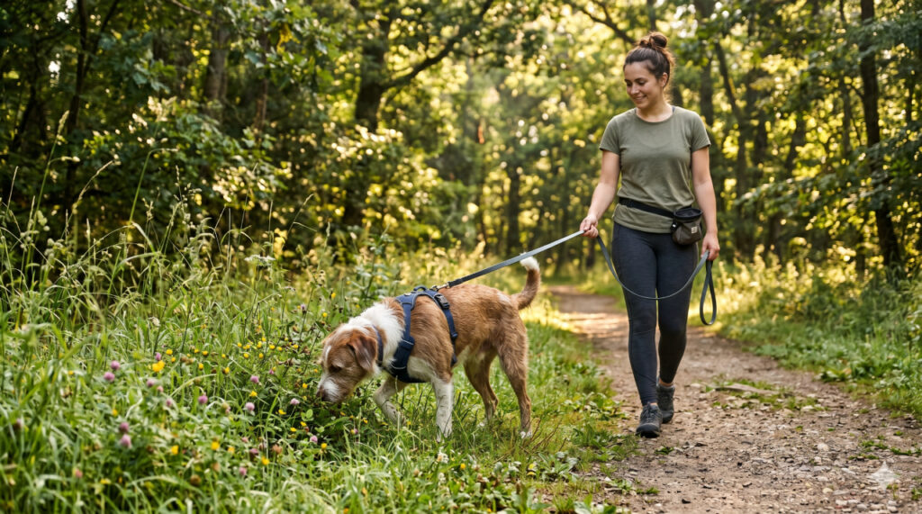 A woman on a sunlit forest trail walking a wire-haired dog on a long leash, with the dog's nose deep in the grass actively sniffing.