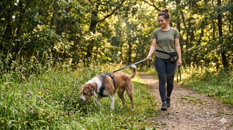 A woman on a sunlit forest trail walking a wire-haired dog on a long leash, with the dog's nose deep in the grass actively sniffing.